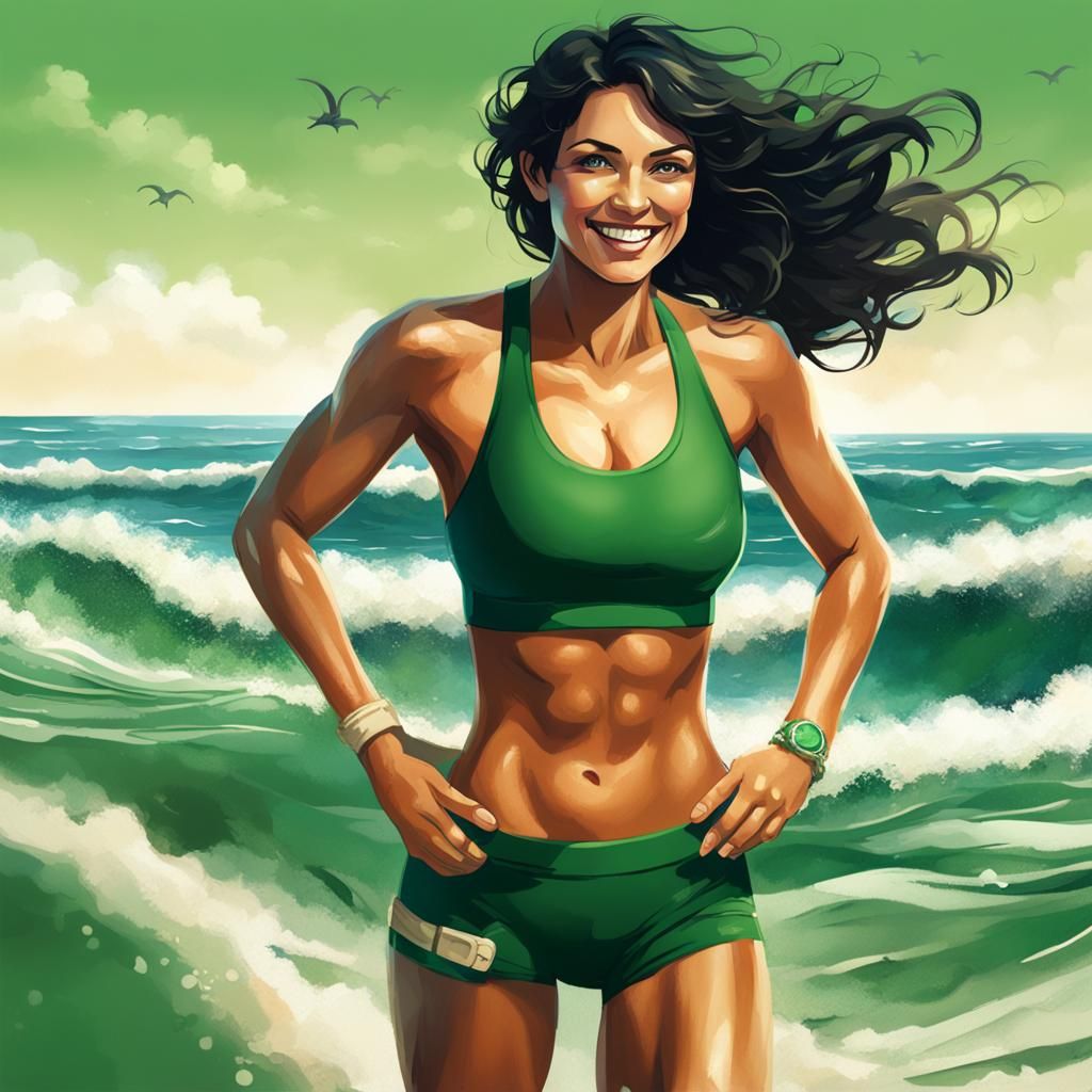 A fit woman and and short black wavy hair and a deep tan and...