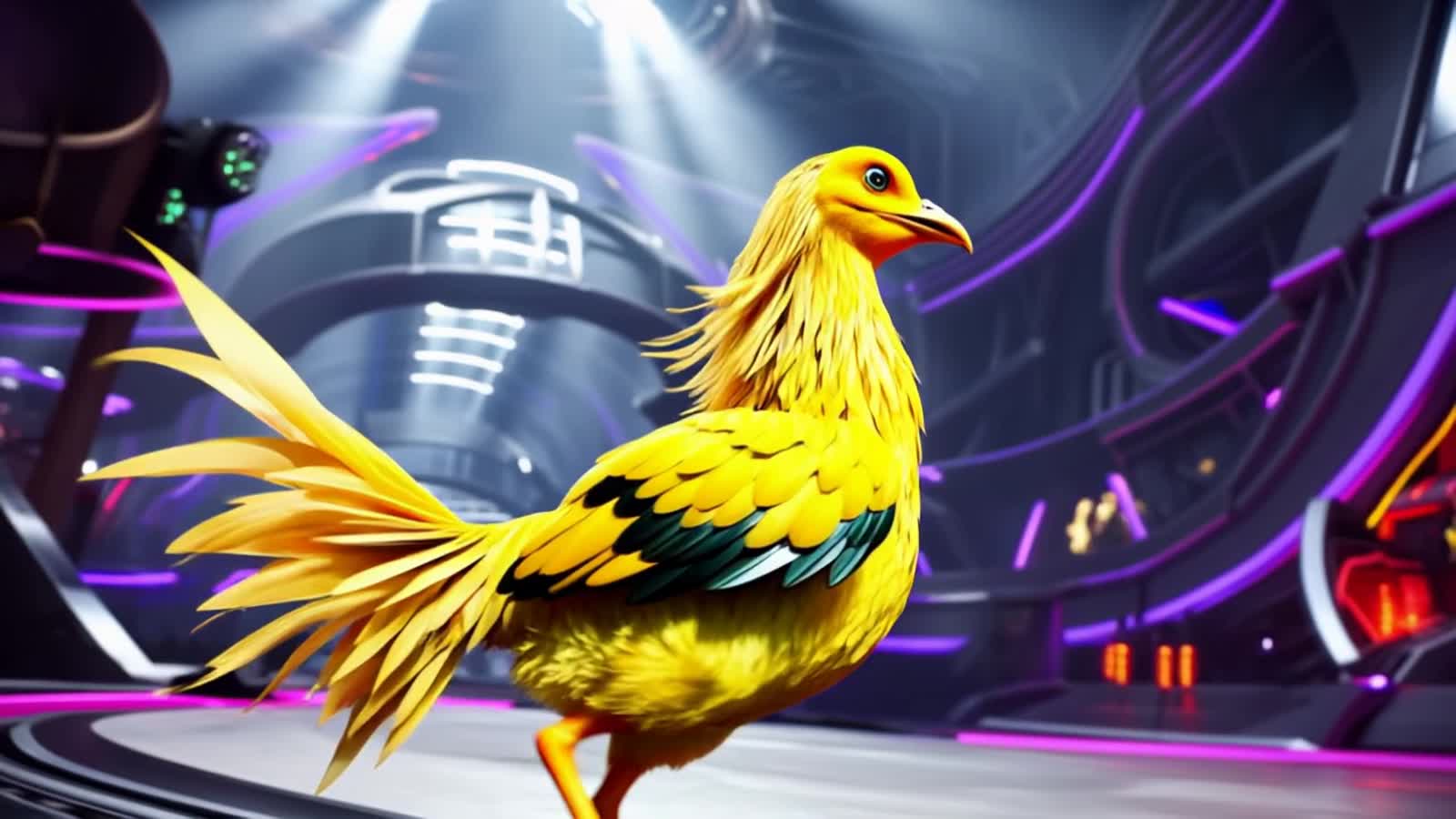 A bright yellow chicken with long blonde hair . The click is flicking her hair back in the style of Syd Mead's technolog...