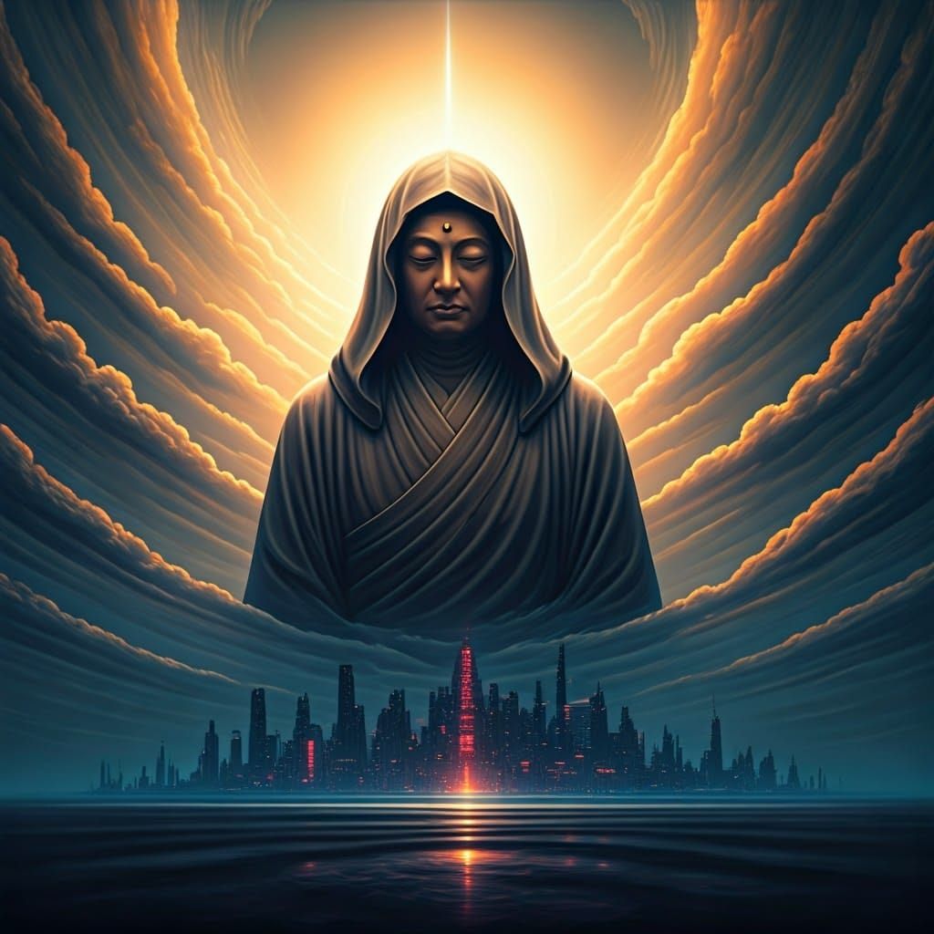 Bodhisattva in Dreamscape with Cyberpunk Cityscape