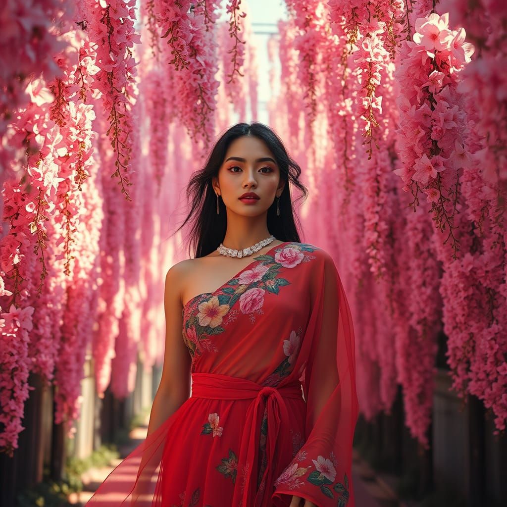 Beautiful woman walking through a canopy of pink hanging flowers, subtle lighting 
