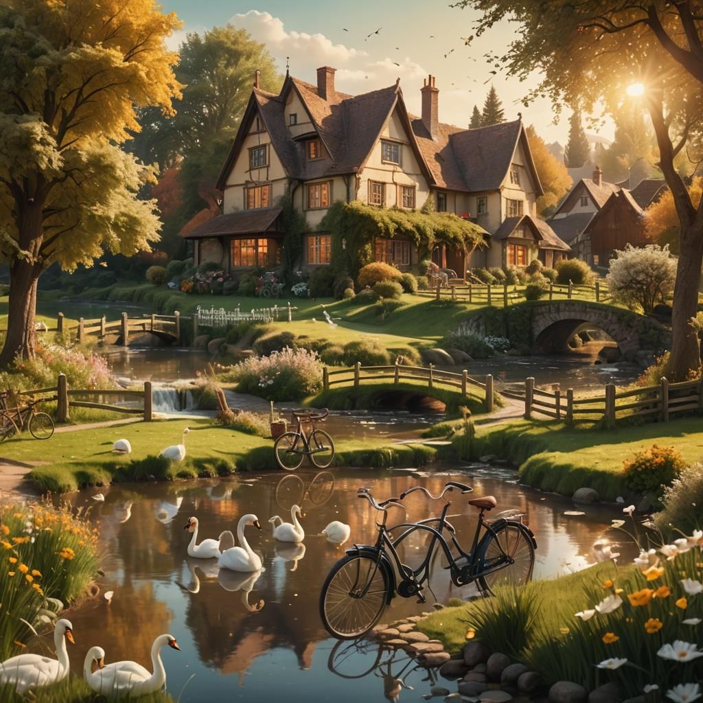 Idyllic Village House with Stream: Matte Painting