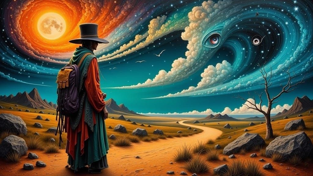 El Vagabundo Wanderer, en 1957,  #remedios varo #surrealist art #encuentro #esoteric art #art #painting #oil #masonite #remedios varo #mexicain artist #spanish art #surrealism #1950s_