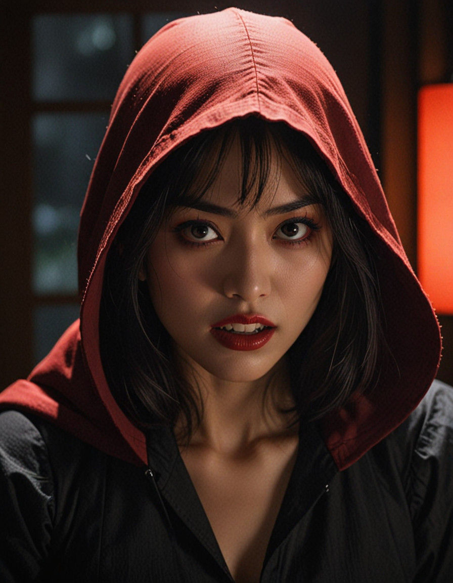 Create an intense, evocative portrait in the Japanese retro anime style of the 80s and 90s. The scene features a red vampire with sharp teet...