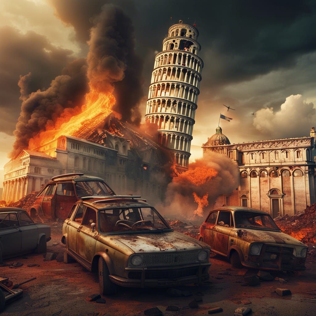 Leaning tower of Pisa with cars around on fire, no people, abandoned and dirt and rubble everywhere detailed ...  by @Someone
