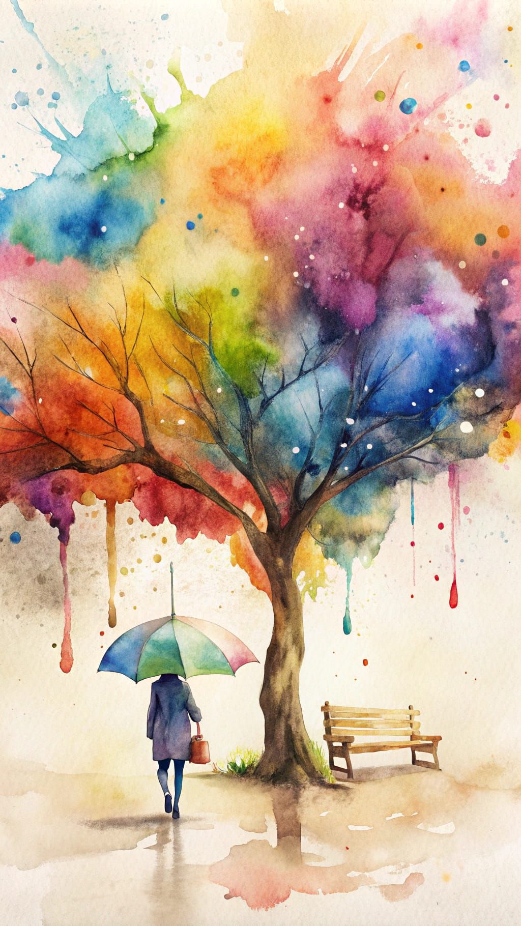 Woman walks past a Tree, with Umbrella