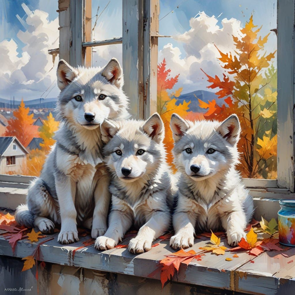 Wolf Pups on a Windowsill: Impasto Oil Painting