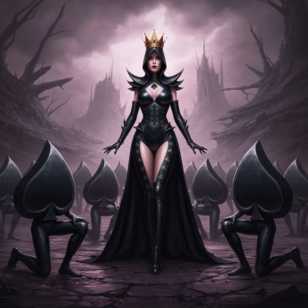 The Queen of Spades in a tight leather outfit with spades all over it, lording it over her royal subjects ...  by @Leah