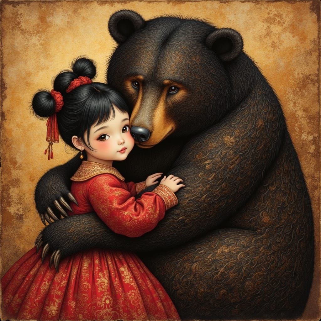 Girl Hugs Golden Bear in Enchanted Oil Painting