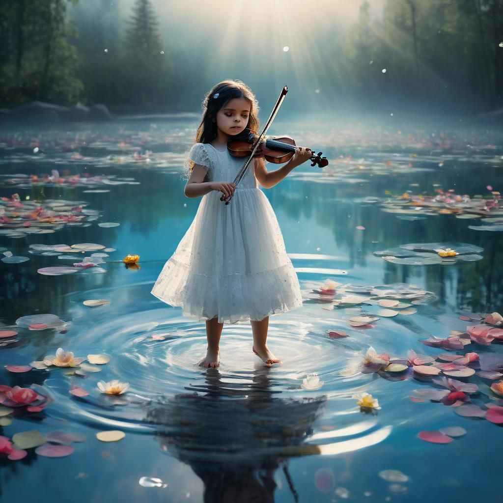 Enchanting Girl Violinist in Lake, Mixed Media Art
