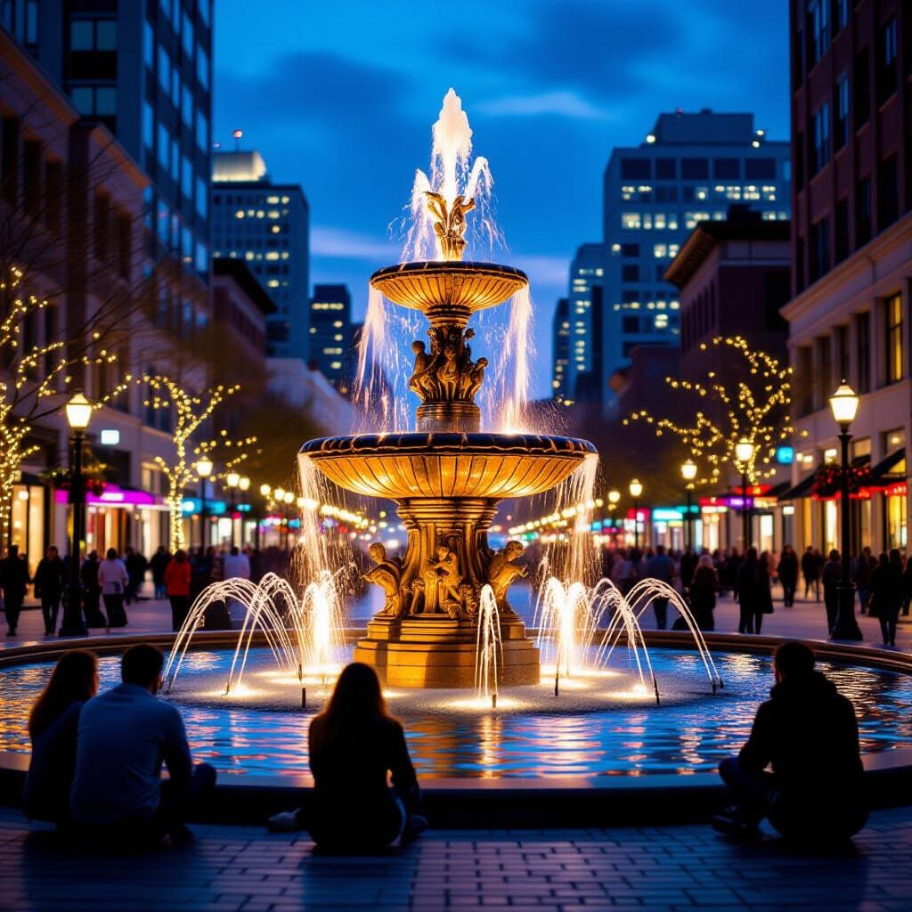 Create a deluxe fountain downtown with lots of people looking at the shimmering lights  by @Skib