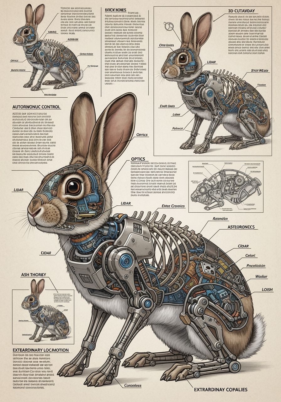Color schematics for a stealthy surveillance rabbit, with exterior like a cottontail rabbit, with cutaway ...  by @Gary Murakami