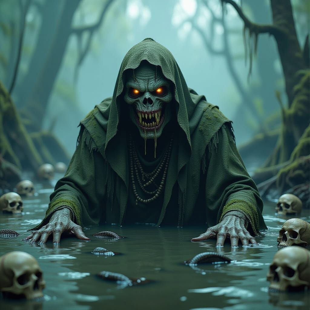 Grotesque Swamp Creature Emerging from Murky Bog
