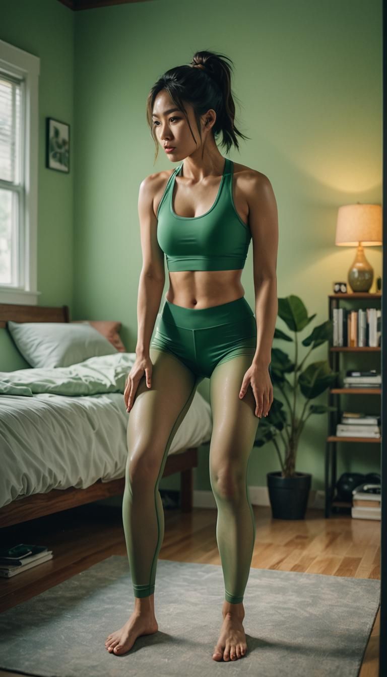 Hyper realistic asian girl wearing very very very transparent tight green  spandex yoga shorts in back squatting position in bedroom. - AI Generated  Artwork - NightCafe Creator