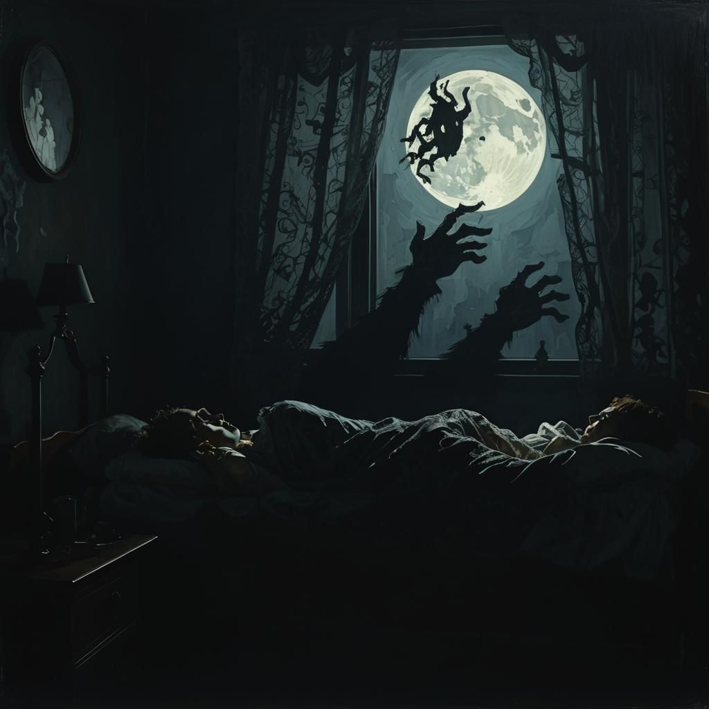 Film Noir. Medium shot. A bedroom at night with a sleeping woman in her bed and shadow monsters transforming into demonic shapes against a d...