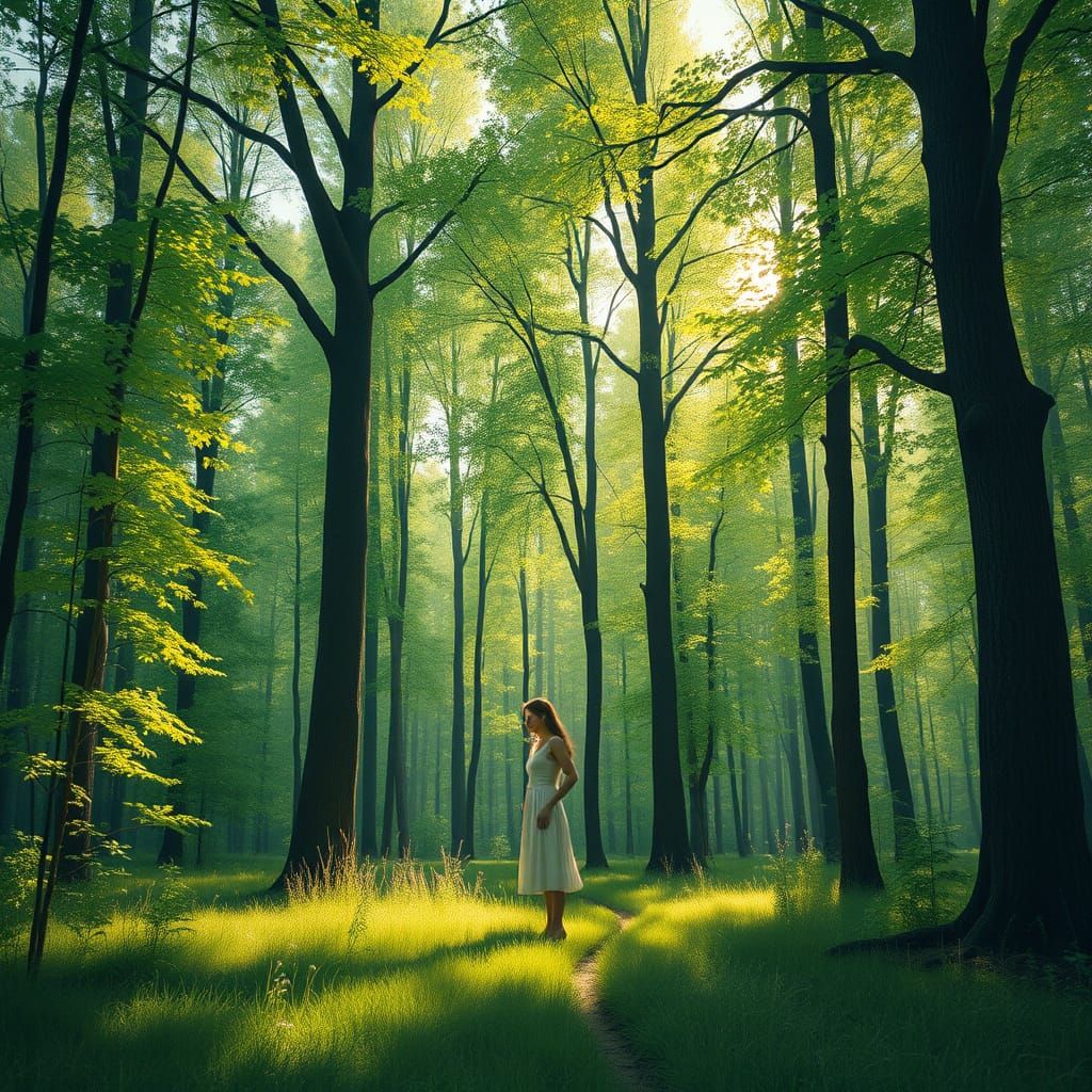 Serene Forest Landscape in Realistic and Dreamy Style