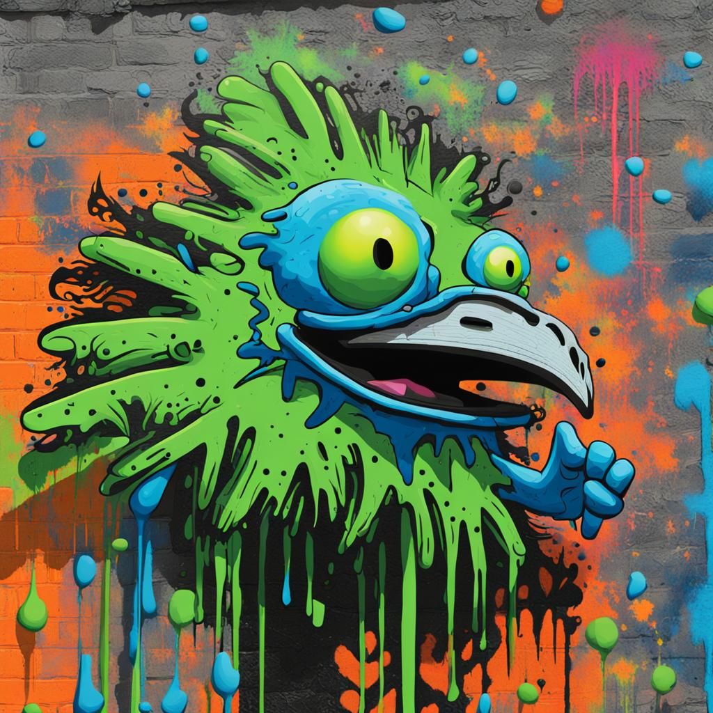 Psychedelic Graffiti Creature in Urban Landscape