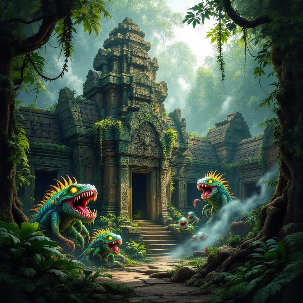 A jungle temple hideout overgrown with vines, where nature is weaponized—giant carnivorous plants, venomous creatures, and traps triggered b...