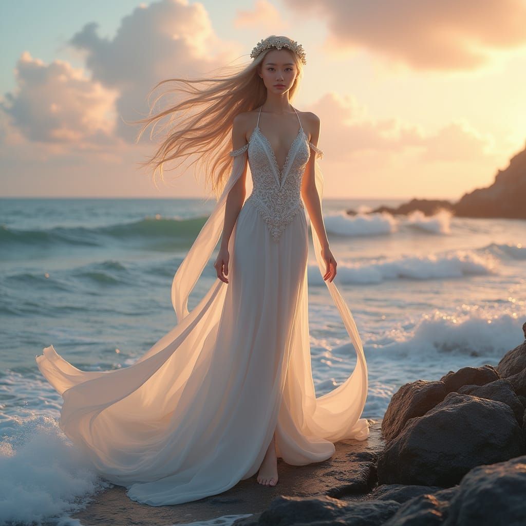 Goddess on Rocky Shore at Sunset: 3D Anime Art