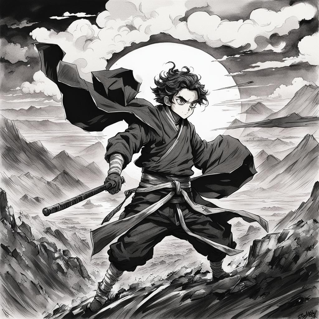 Ink sketch of tanjiro from demon slayer