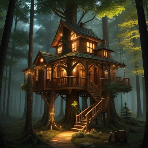 hyperrealistic fantasy tree house, with lights and sun