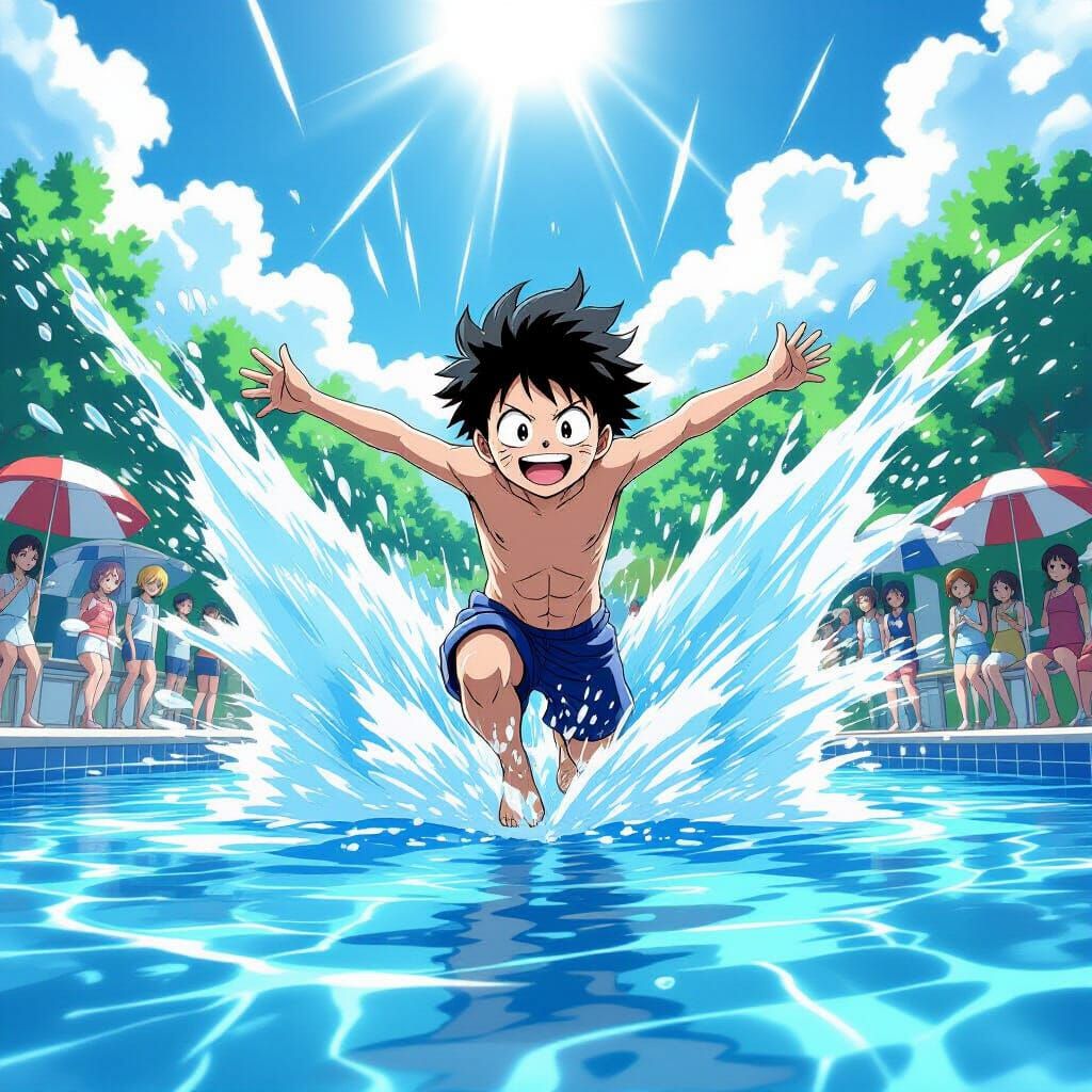Boy Leaps Into Pool With Epic Splash Anime Style