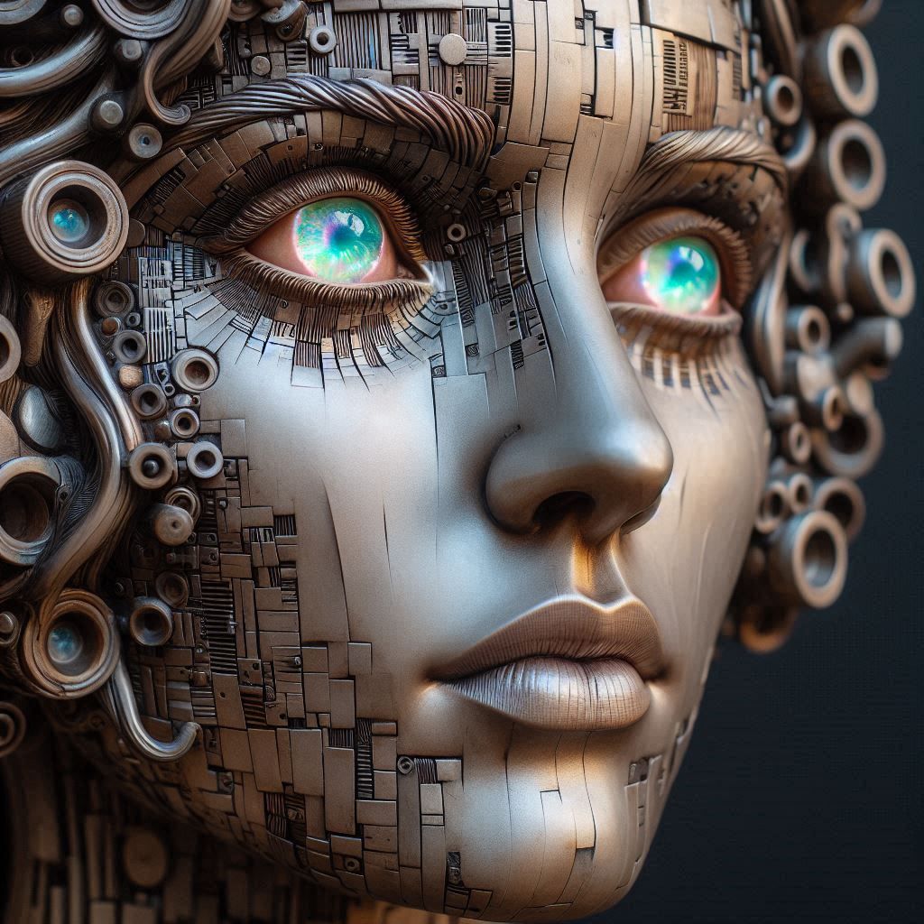 woman sculpture, made from salvaged computer parts, liquid opal eyes, realistic, high detailed, VERY-EXTREMELY-ULTRA-HYP...