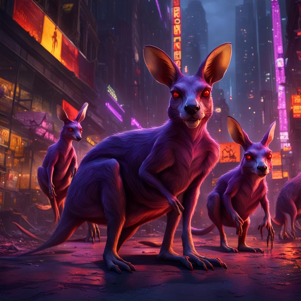 Many Evil red eyed kangaroos different sizes run wild in the...