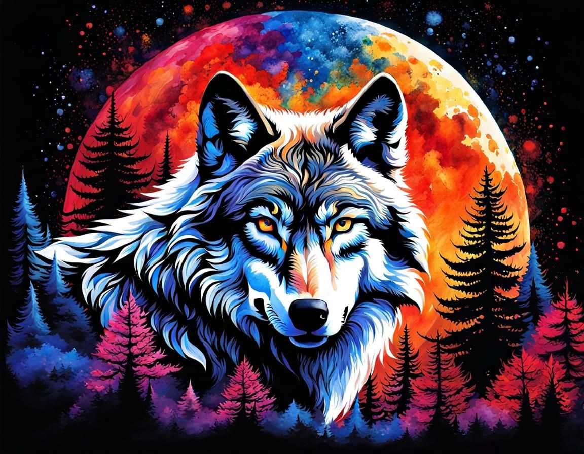 full body portrait of a colourful wolf electric, orange, blu...
