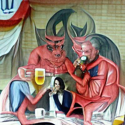 The Devil drinking beer with Satan