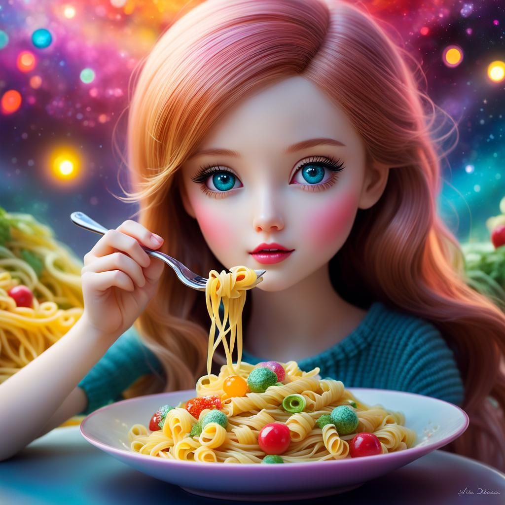 cute girl enjoying a dish of pasta