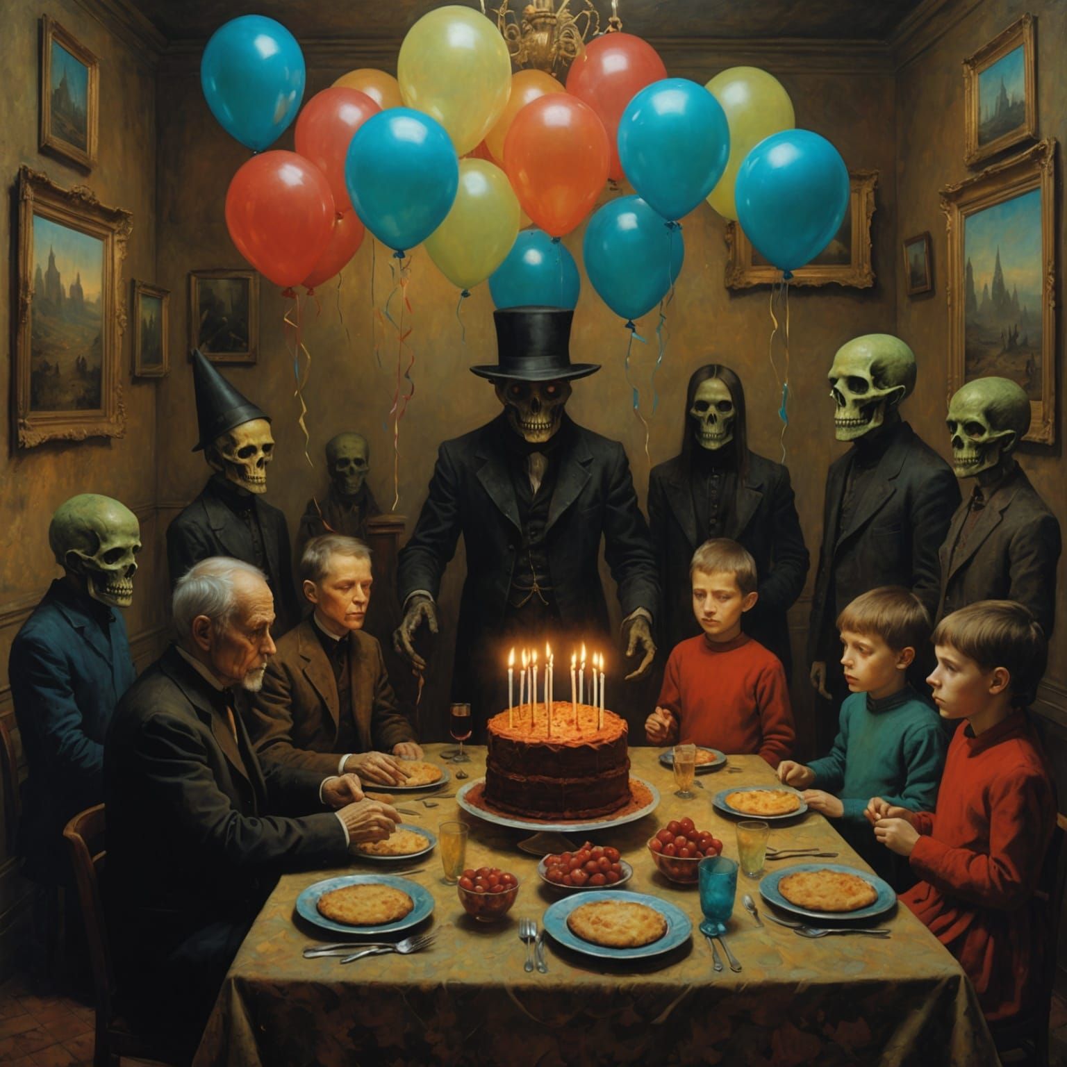 A birthday party in the style of Beksinski's paintings