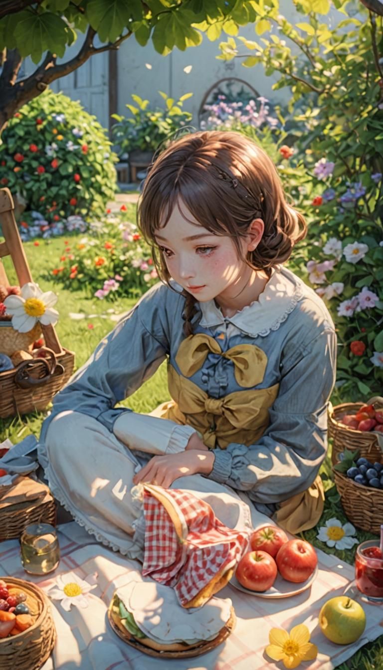 Young girl having a picnic in the garden