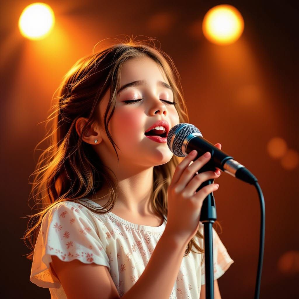 Young Girl Singing Into Vintage Microphone with Emotion