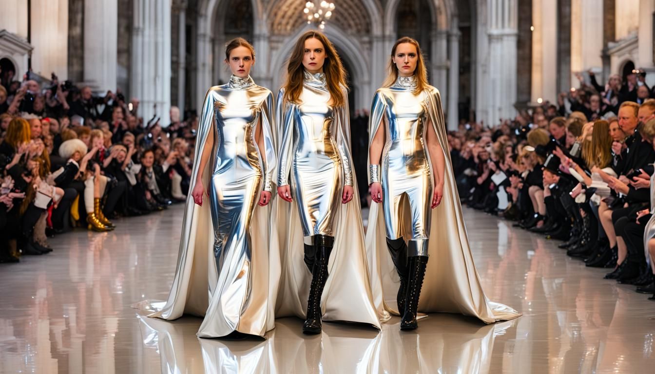 three girls in reflective latex royal wedding dress with boots and capes on  runway - AI Generated Artwork - NightCafe Creator