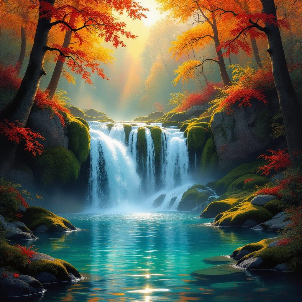 A breathtaking autumn waterfall cascades down moss-covered rocks into a crystal-clear pool, surrounded by a vibrant forest ablaze with fall ...