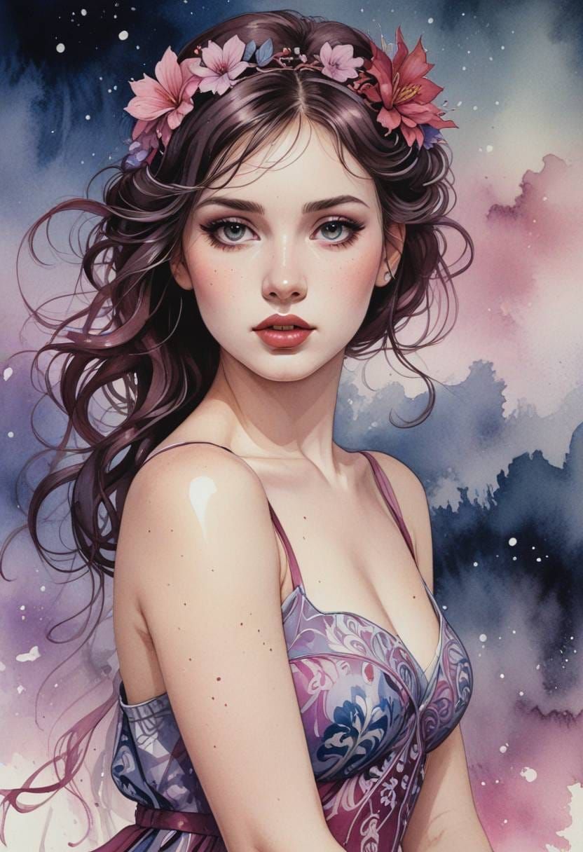 Watercolor ink portrait of a beautiful woman