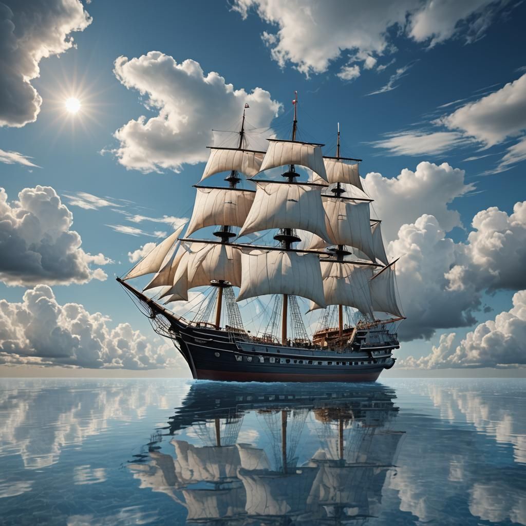 ship with white sails in a blue sea without waves, the ship ...