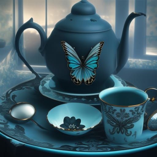 Beautiful black gothic tea set with blue butterfly 🦋 AI Generated