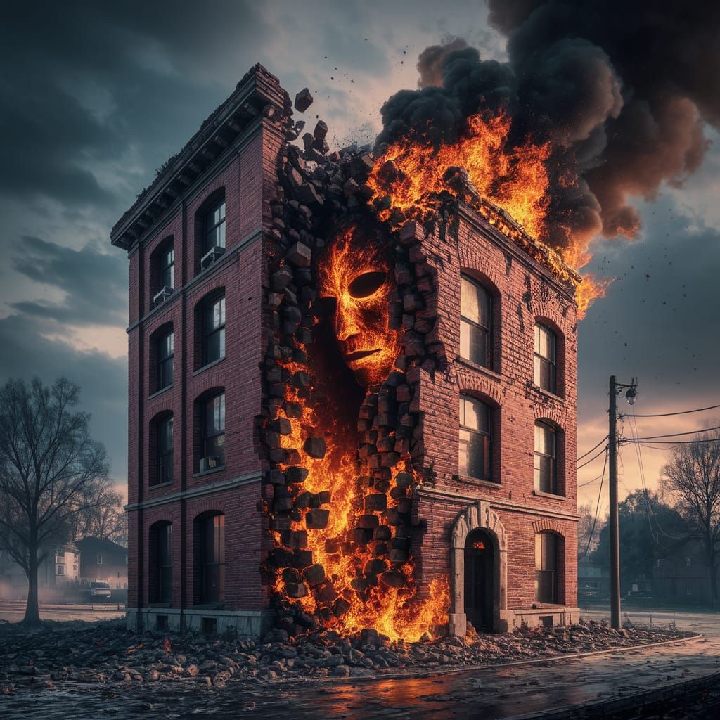 a crumbling falling down burning brick building, a shadow of face is formed in the brick and flames  by @blizzard224