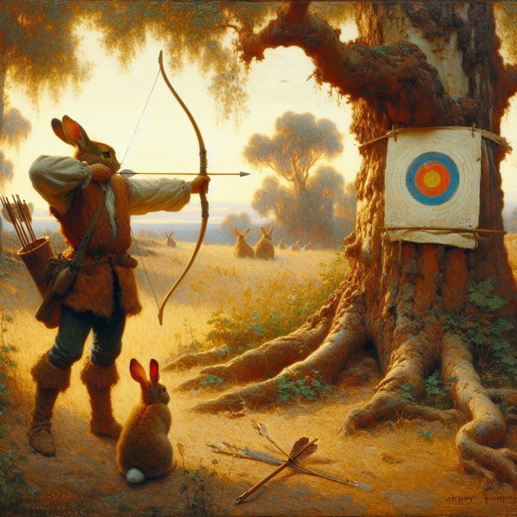 un lapin archer dans la campagne qui tire une flèche sur une...