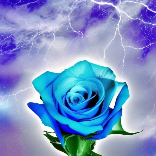 blue rose in a glass near the window with a storm in sky