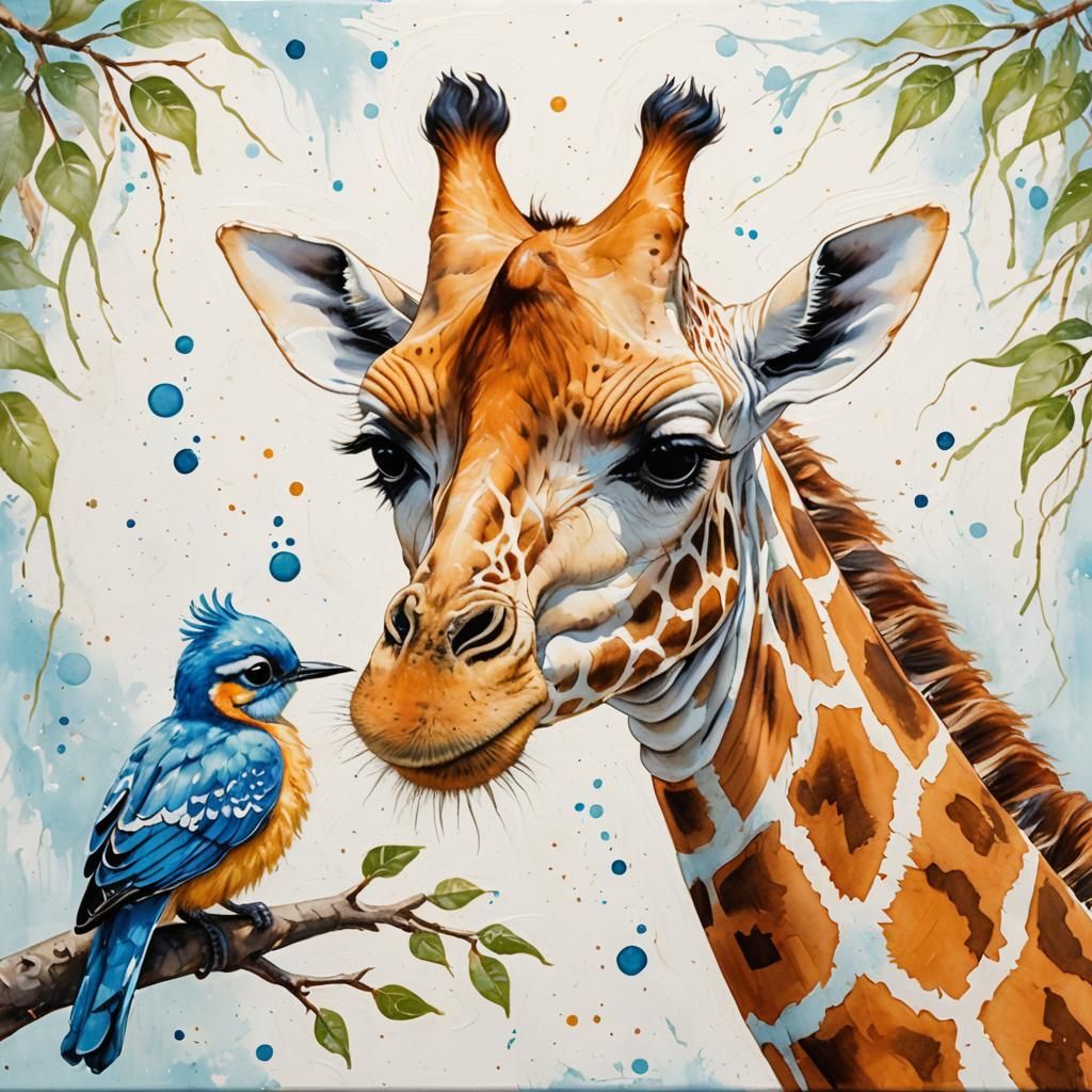 An adorable acrylic- and oil painting of a tender moment between a giraffe and a small blue bird. The giraffe, with its long neck and spott...