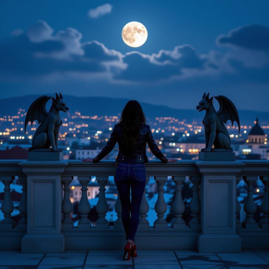 Rooftop balcony with neo-gothic gargoyles overlooking Plovdiv skyline under harvest moon veiled by clouds, neon haze from below, Elizaveta l...
