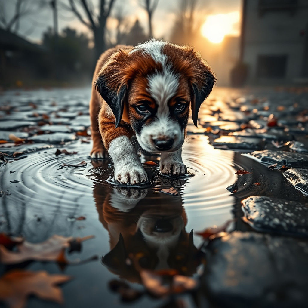 St Bernard puppy playing in a water puddle  by @ISPI AI Art