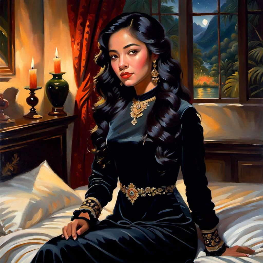 Oil painting of Malaysian girl sitting on bed in candlelit bedroom with jungle view