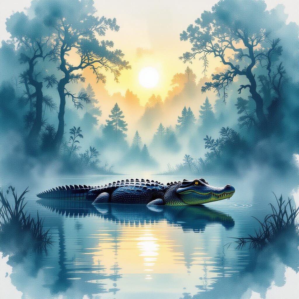 Watercolor Crocodile Silhouette with Misty Forest
