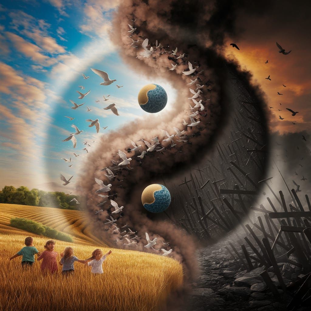 An abstract yin-yang split scene. On the left, peaceful fields of golden wheat under a bright blue sky, children playing and doves flying, s...