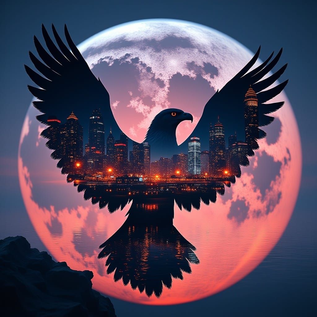 <lora:MJ6-1 DExposure:1.0> Double exposure photography of a silhouette of an eaglel+a futuristic city on the moon, sharp focus, double expo...
