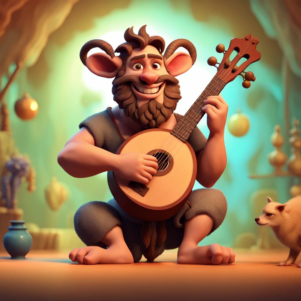 Satyr, with brown hair and goatee playing a lute