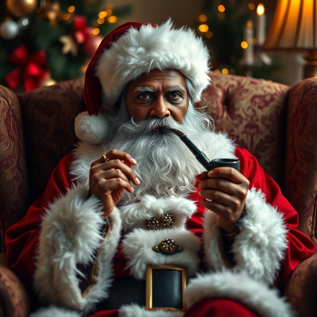 Santa in Elegant Attire, Surrounded by Holiday Splendor